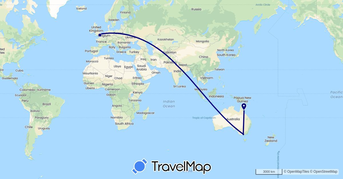 TravelMap itinerary: driving in Australia, United Kingdom, India (Asia, Europe, Oceania)